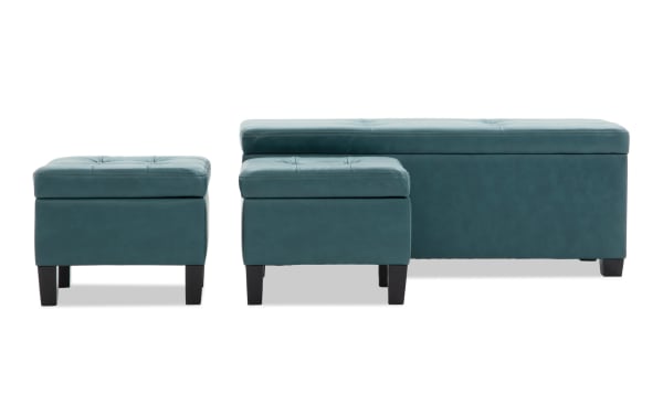 Bettie Teal Faux Leather Storage Bench & Ottoman Set in mid-century modern style, featuring teal faux leather upholstery, button tufting, MDF frame, and includes two smaller ottomans.