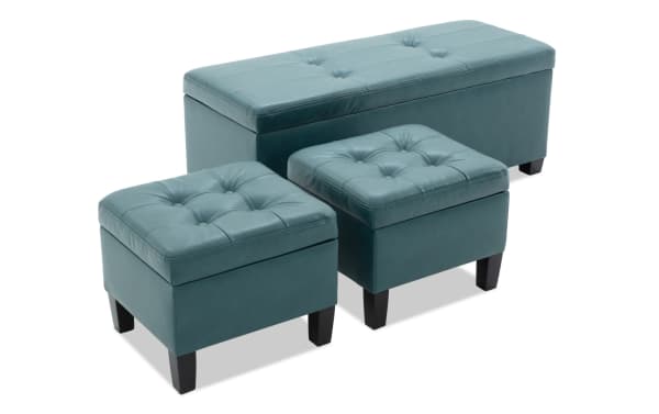 Bettie Bedroom mid-century modern teal faux leather storage bench with button tufting, easy-lift top, two matching ottomans, and black MDF legs.