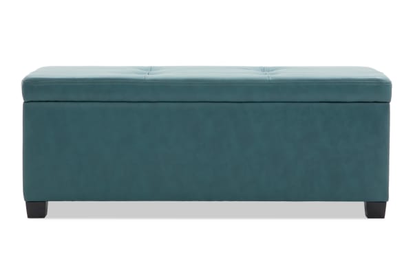Teal Bettie Teal Faux Leather Storage Bench & Ottoman Set with button tufting, mid-century modern style, faux leather upholstery, and easy-lift top for storage.