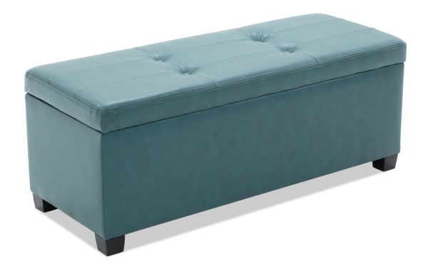 Teal Bettie Teal Faux Leather Storage Bench & Ottoman Set with button tufting, mid-century modern style, faux leather upholstery, and MDF frame.