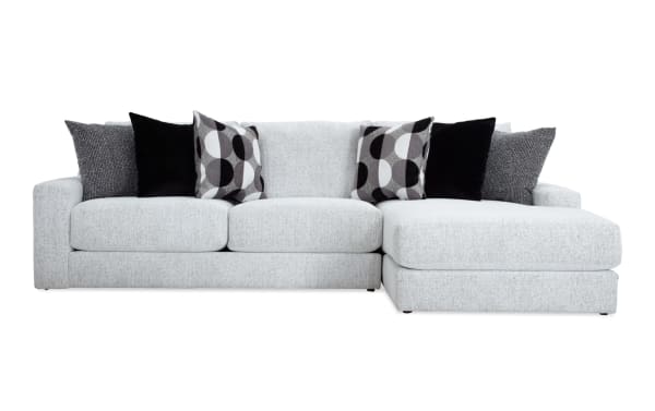 Mason White 123'' 2 Piece Right Arm Facing Chaise Sectional in white polyester fabric, transitional style with six accent pillows, plush gel memory foam cushions.