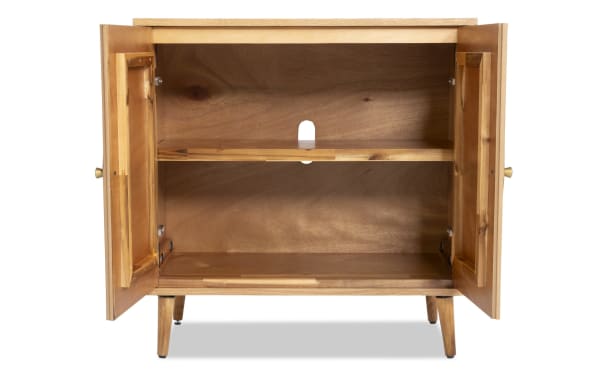 Starburst Natural 2 Door Cabinet in contemporary style, made of MDF and acacia veneers with natural wood finish, open doors showing interior shelf and cable management hole.
