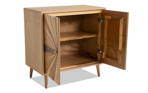 Starburst Natural 2 Door Cabinet in contemporary style, made of MDF and acacia veneers, features a natural wood finish with a distinctive sunburst door design.