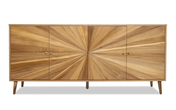 Starburst Natural 4 Door Cabinet in contemporary style with acacia veneer MDF, featuring a sunburst wood pattern and brass knobs for stylish storage.