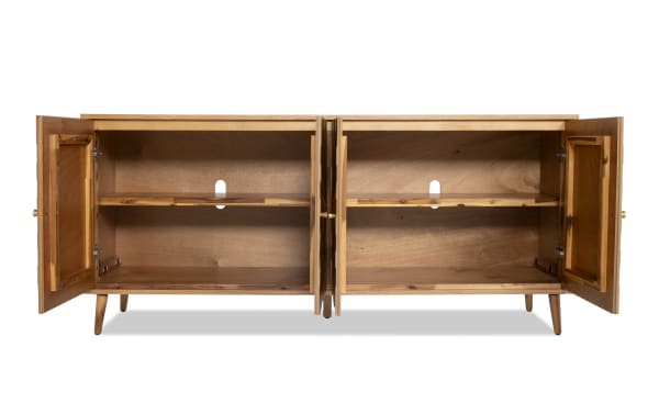 Starburst Natural 4 Door Cabinet in contemporary style, made of MDF and acacia veneers, featuring natural wood finish, starburst door design, and interior shelving for versatile storage.