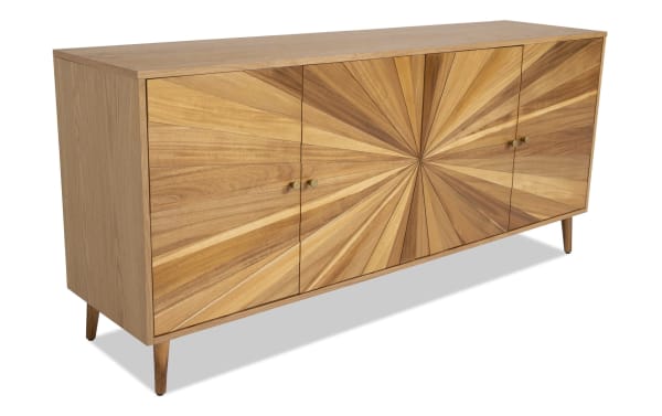 Starburst Natural 4 Door Cabinet in contemporary style with MDF and acacia veneers, featuring a sunburst pattern in natural wood tones.