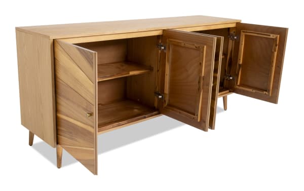Starburst Natural 4 Door Cabinet in contemporary style, made of MDF and acacia veneers with a natural wood finish and starburst door pattern.