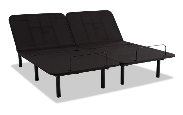 Power Bob Essential Split King Adjustable Base in black fabric with metal frame, dual adjustable head sections, wired remote, and folding design for platform or storage beds.