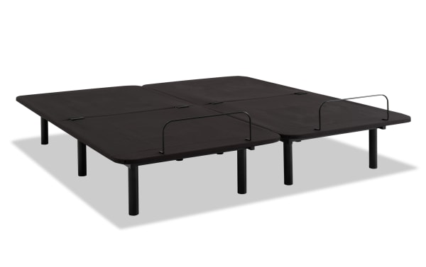 Power Bob Essential Split King Adjustable Base in black fabric with metal legs, featuring a folding design and wired remote for head elevation.