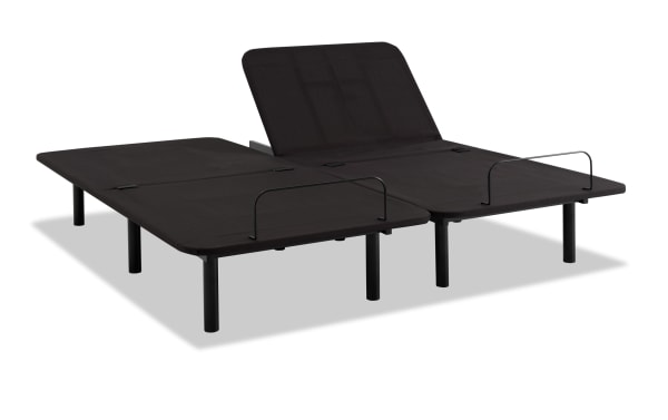 Power Bob Essential Split King Adjustable Base in black fabric with metal legs, featuring adjustable head elevation and folding design for easy setup.