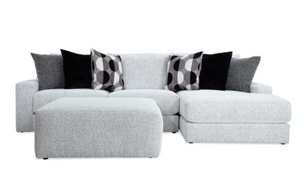 Mason White 123'' 2-piece right arm facing chaise sectional with oversized ottoman, white polyester fabric, transitional style, includes six accent pillows.