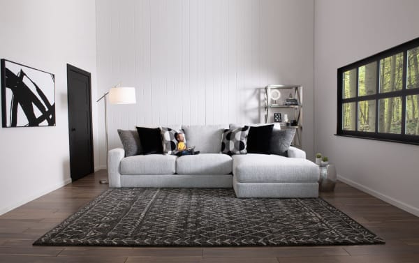 Mason White 123'' 2 Piece Left Arm Facing Chaise Sectional with oversized ottoman, white polyester fabric, transitional style, six accent pillows, Bob-O-Pedic memory foam.
