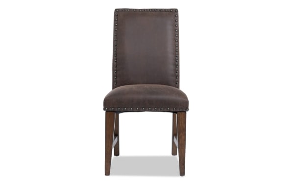Canyon Brown faux leather dining chair with solid back, nailhead trim, Bob-O-Pedic memory foam seat, rustic style, MDF legs.