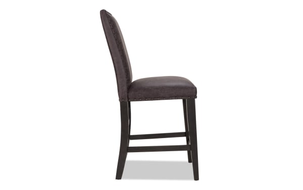 Canyon Gray Faux Leather Solid Back Counter Height Stool with rustic dark wood legs, gray faux leather upholstery, and memory foam seat from Canyon Dining collection.