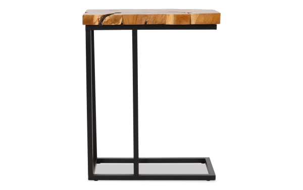 Sedona 10.8'' industrial side table with a natural teakwood top and black metal frame, designed for compact, stylish living spaces.