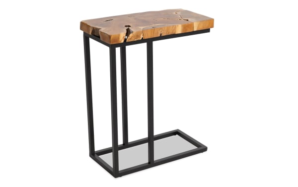 Sedona 10.8'' Black & Brown Side Table with natural teakwood slab top and black metal frame, industrial style accent for living spaces.