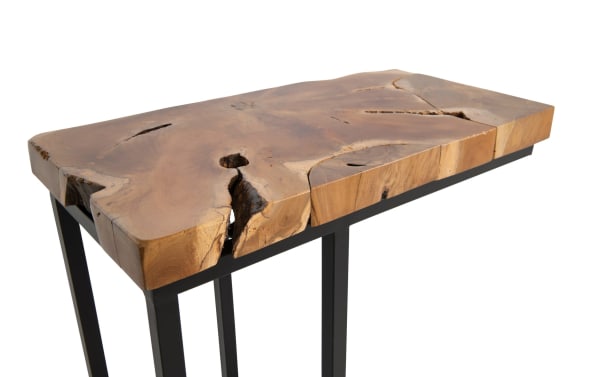Sedona 10.8'' Black & Brown Side Table with industrial style, featuring a rough teakwood tabletop and sturdy black metal base for rustic modern decor.