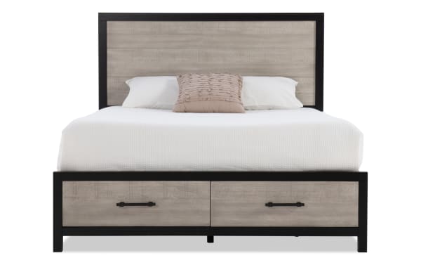 Fusion Twin Black & Gray Storage Platform Bed with adjustable headboard, birch veneer, MDF, poplar solids, transitional style, and dust-proof dovetail drawers.