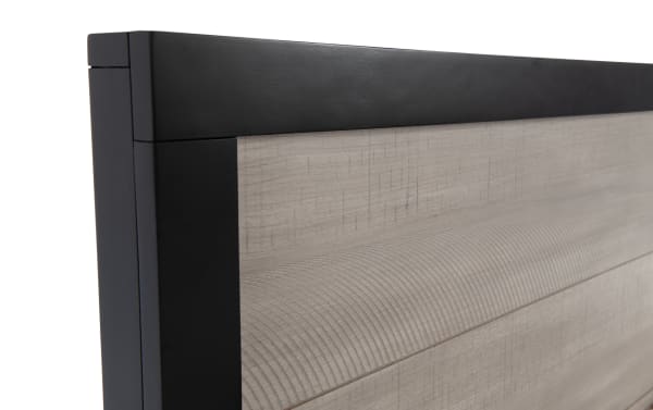 Transitional Fusion Twin Black & Gray Storage Platform Bed headboard with birch veneer, MDF, poplar solids, and adjustable three-position design.