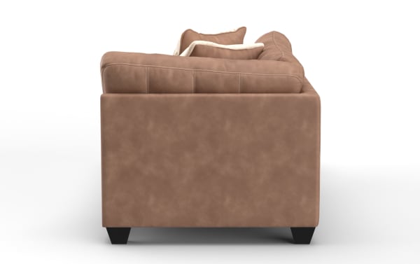 Brown leather sofa side view showing smooth texture, cushioned armrest, and black tapered wooden legs, highlighting modern living room furniture design.
