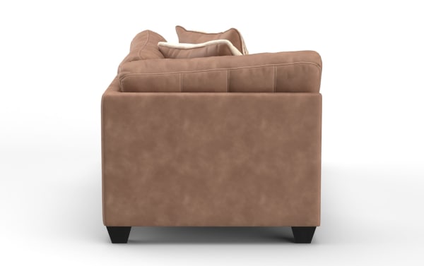 Brown leather sofa side view showing cushioned armrest and dark wooden legs, highlighting modern living room furniture design.