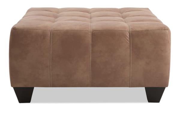 Sierra Cognac Ottoman in brown polyester and polyurethane fabric with tufted top, memory foam padding, and transitional style legs.