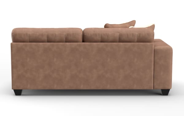 Brown leather sectional sofa with plush cushions and black tapered wooden legs, showcasing modern and comfortable living room furniture design.
