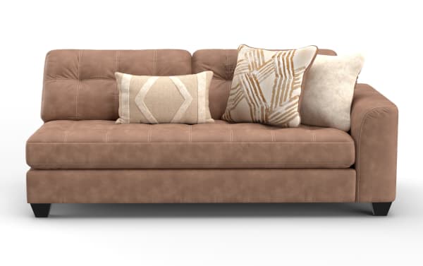 Modern brown leather sofa with tufted cushions, three decorative beige and patterned throw pillows, and black tapered legs, ideal for living room seating.