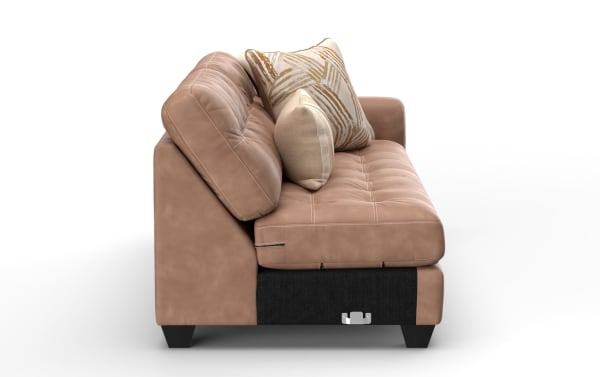 Modern tan microfiber sofa with tufted cushions, angled backrest, black wooden legs, and two decorative beige and gold patterned throw pillows.