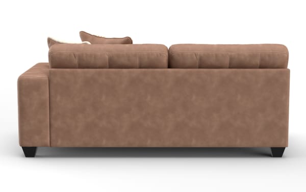 Brown leather sofa with plush cushions and black tapered wooden legs, showcasing a modern, minimalist design suitable for living room seating.