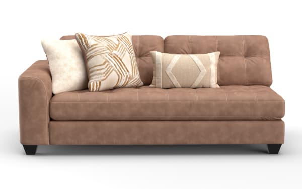 Modern brown leather sectional sofa with tufted cushions, left armrest, and three decorative beige and patterned throw pillows.