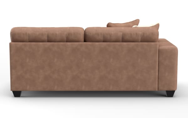 Modern brown leather sectional sofa with plush back cushions, clean stitching, and black tapered wooden legs, shown from the back.