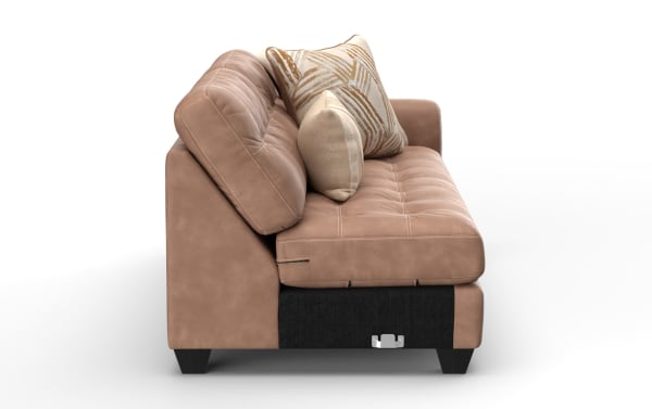 Modern brown leather sofa with tufted cushions, angled backrest, two decorative beige and patterned throw pillows, and black fabric base.
