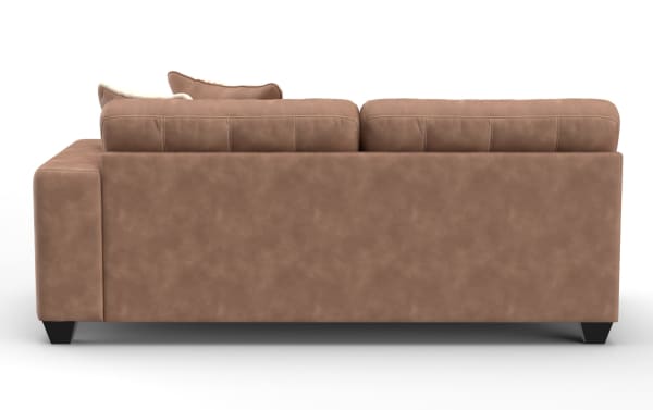 Modern brown leather sofa with plush back cushions, visible stitching, and tapered black wooden legs, designed for contemporary living rooms.