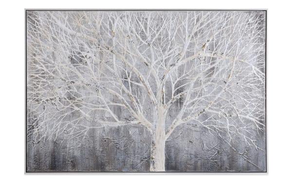 Contemporary White Tree Framed Art on canvas with multicolored icy branches and textured gray background, perfect for winter decor.