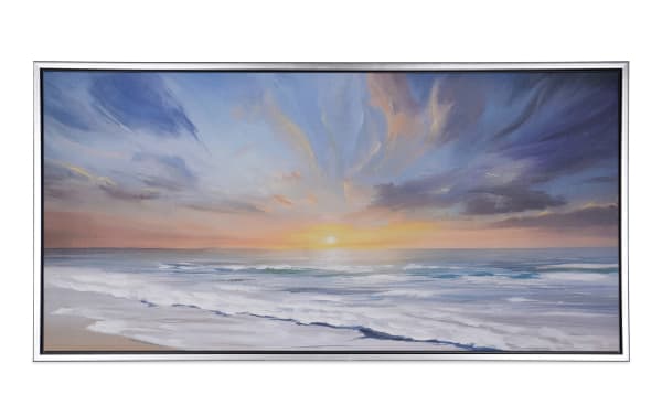 Sundown Framed Art, contemporary multicolored canvas wall art featuring a calming beachscape with sunset sky and waves, perfect for coastal decor.