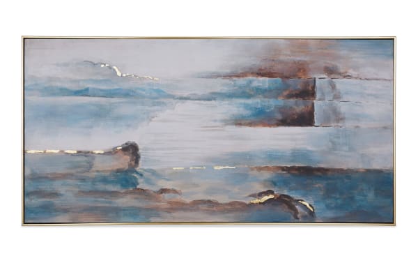 Contemporary Ocean Abstract Framed Art on canvas with multicolored blue, brown, and gold accents, evoking a summer beach scene for wall decor.