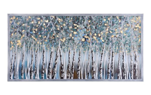 Contemporary Birch Trees Framed Art on canvas features multicolored birch trunks and green foliage with gold accents, perfect springtime wall decor.