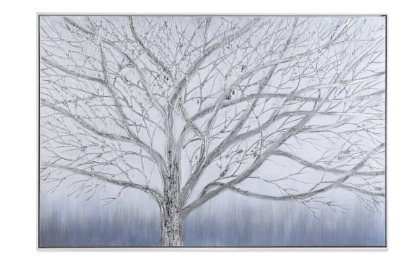 Winter Tree Framed Art on canvas features a multicolored contemporary design of a bare winter tree with silver and gray tones, evoking calm and stillness.