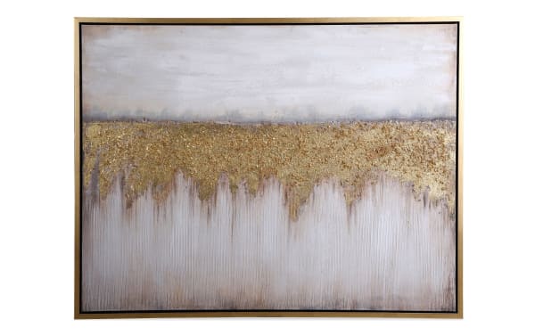Gold Abstract Framed Art on canvas featuring textured gold leaf and neutral tones in a contemporary multicolored design with a sleek gold frame.