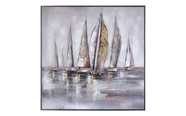 Soft Winds Sails Framed Art features multicolored canvas with contemporary sailboat design, gold accents, and soft coastal tones for wall decor.