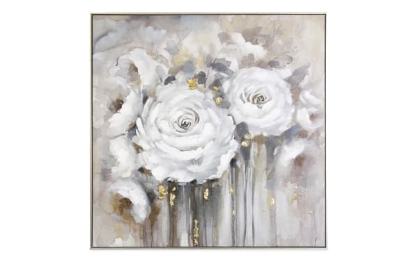 Contemporary Bouquet of Roses Framed Art on canvas featuring multicolored white roses with gold accents in soft neutral tones, perfect wall decor.