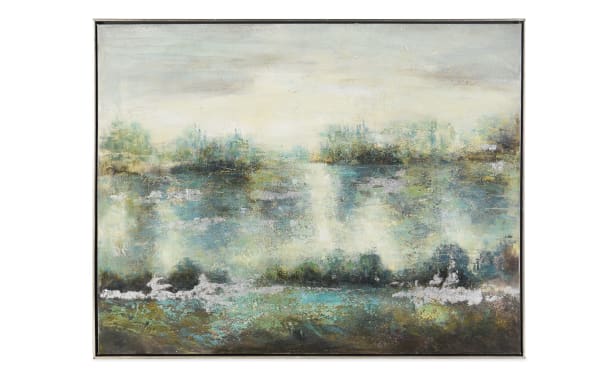 Contemporary multicolored Hazy Afternoon Framed Art on canvas, featuring a hazy waterside landscape with soft greens, blues, and earth tones.