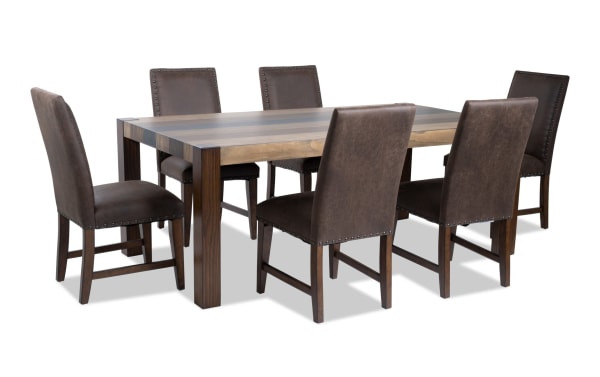 Canyon 7 Piece Brown Faux Leather Upholstered Dining Set with multi-tone wood MDF table and rustic brown faux leather memory foam chairs from Canyon Dining collection.