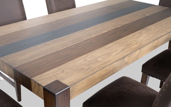 Rustic Canyon 7 Piece Brown Faux Leather Upholstered Dining Set with multi-tone MDF wood table and memory foam seating, brown upholstery.