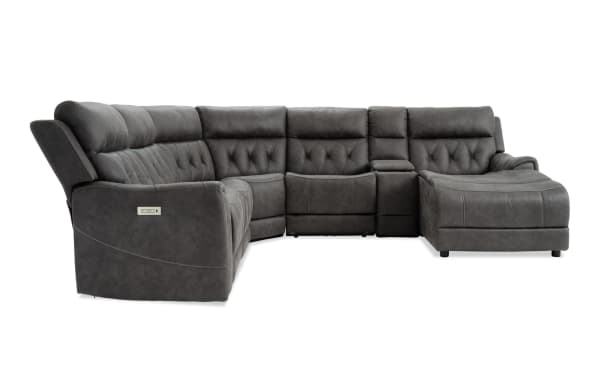 Canyon Gray 126" transitional 6-piece right-arm chaise sectional in gray polyester fabric with power recline, power headrests, USB ports, and hidden storage.
