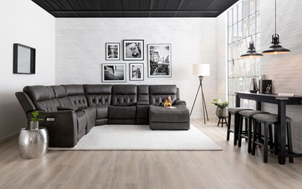 Canyon Gray 126'' power reclining 6-piece sectional with right arm chaise, gray polyester fabric, transitional style, featuring power headrests, hidden storage, cup holders, USB ports, and wireless charging console.