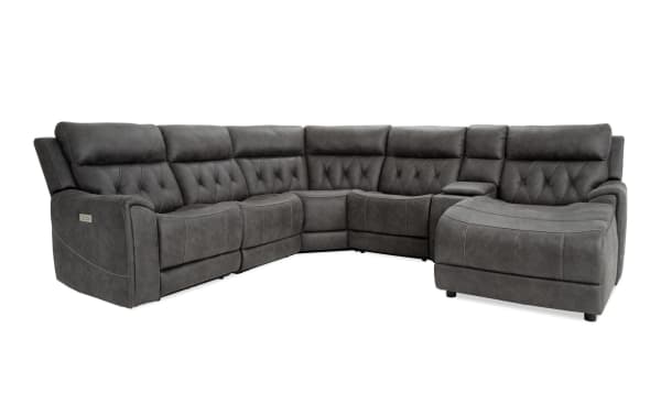 Canyon Gray 126" transitional 6-piece right arm facing chaise sectional in gray polyester fabric with power reclining, power headrests, and memory foam seating.