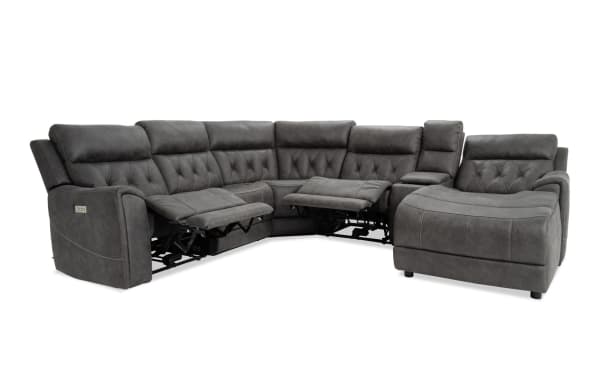Canyon Gray 126" transitional 6-piece right-arm chaise sectional in gray polyester fabric with power reclining seats, power headrests, and memory foam cushions.
