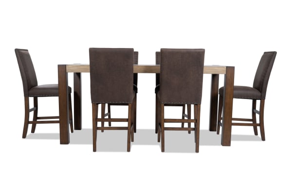 Canyon 7 Piece Brown Faux Leather Upholstered Counter Height Dining Set with rustic multi-tone MDF wood table and memory foam seating